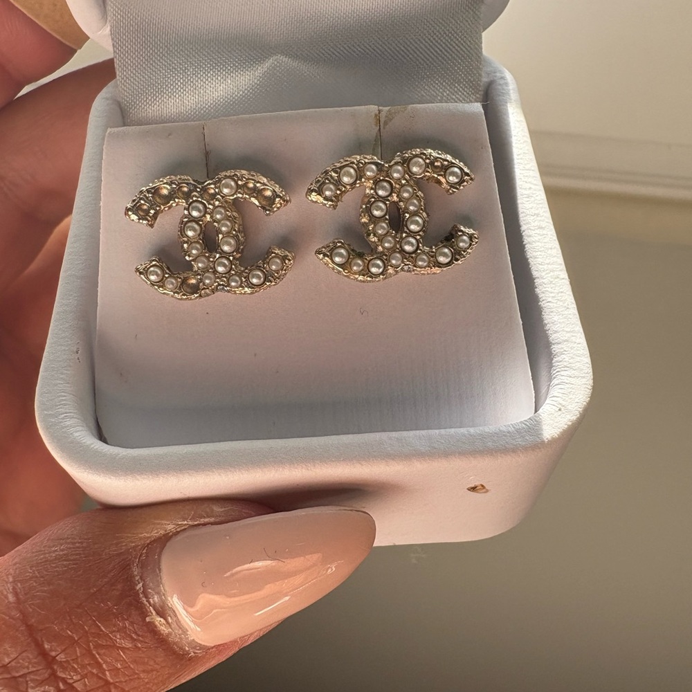 CHANEL Gold and Cream Pearl Logo Earrings
